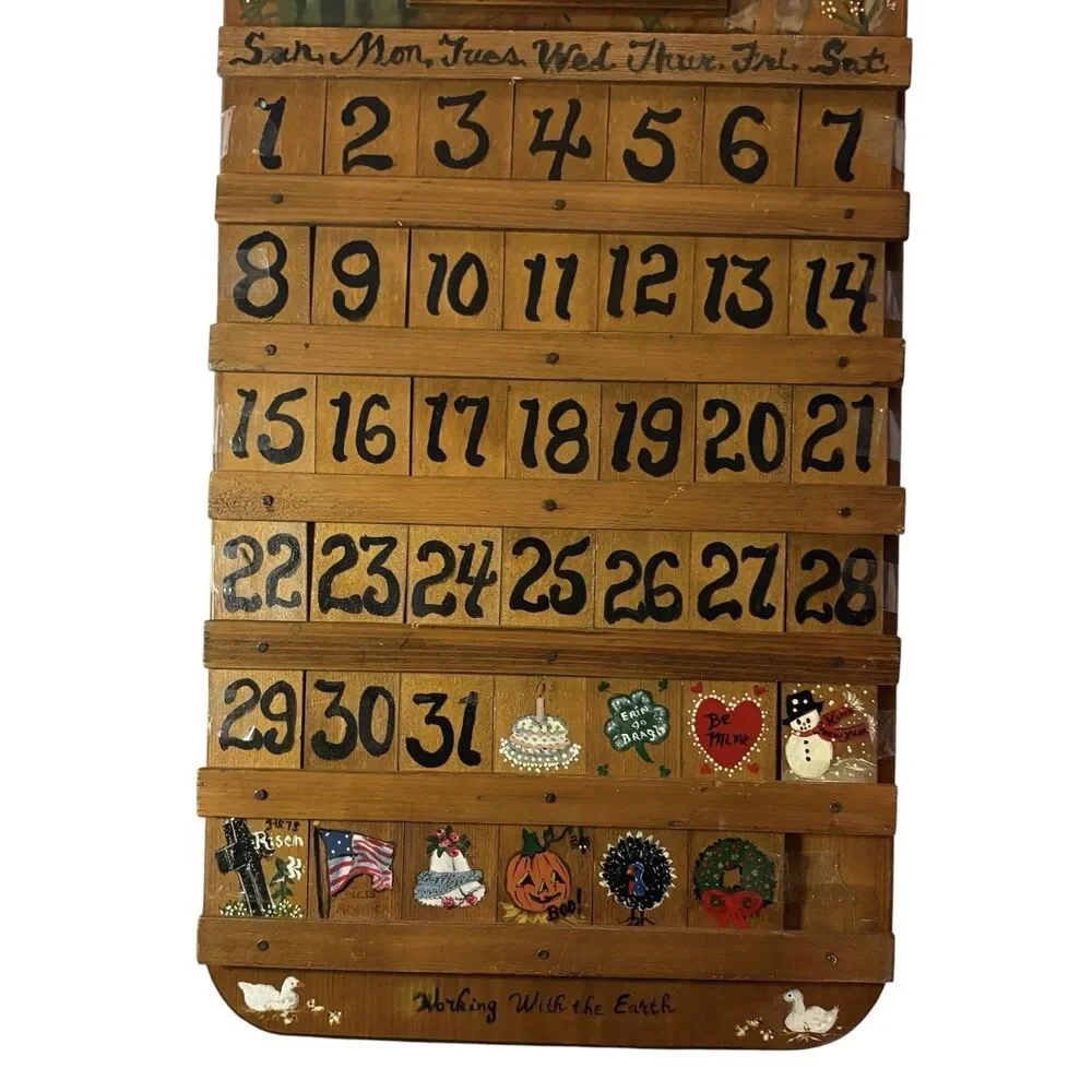 Vintage Hand Painted Wooden Perpetual Calendar Wall Plaque Folk Art 23.5”x11”